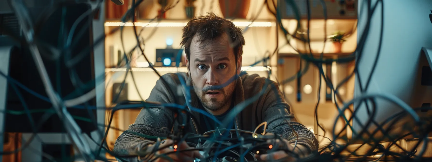 a frustrated professional staring at an error message on their computer screen, surrounded by tangled cords and a bewildered expression.