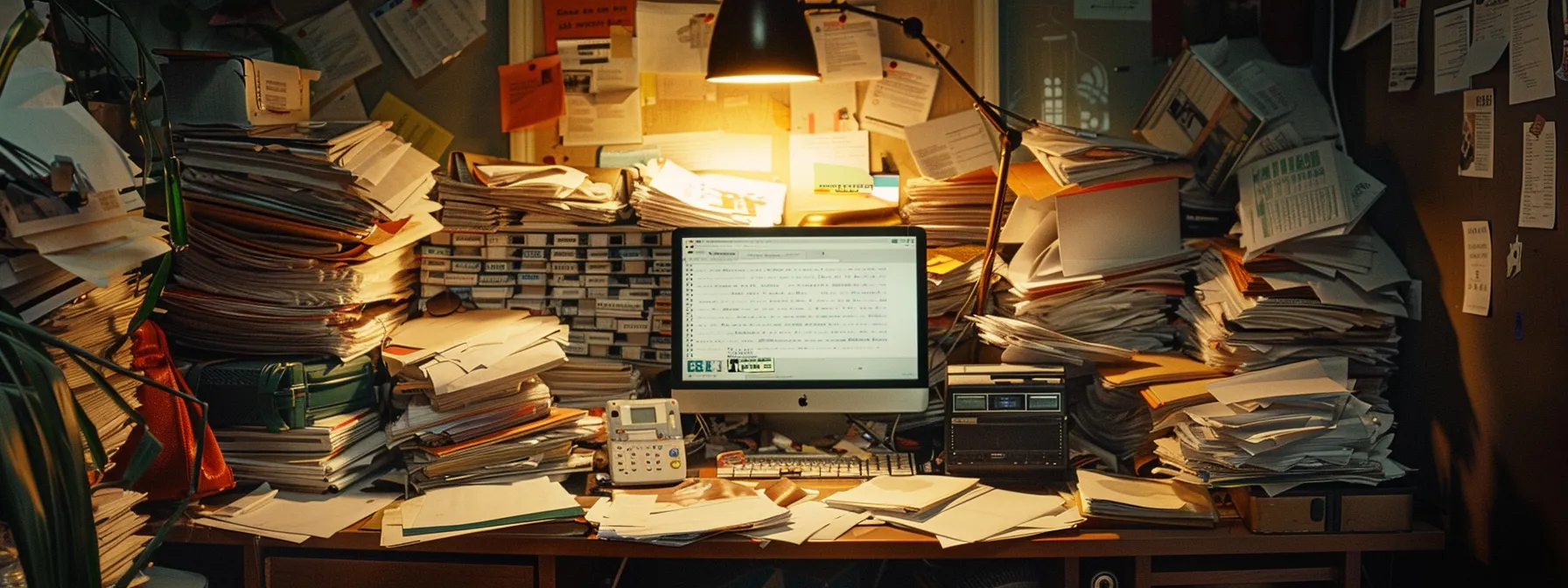 a cluttered desk with overflowing mail piled high, a computer screen displaying a full mailbox notification, and a frustrated user trying to navigate through the clutter.