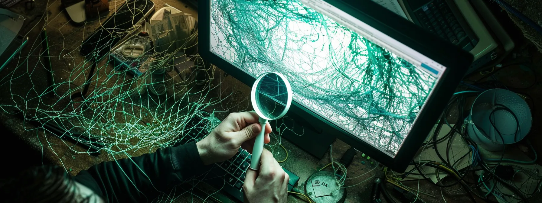 a person carefully crafting an email on a computer screen with a magnifying glass, surrounded by a web of tangled fishing nets catching legitimate emails.