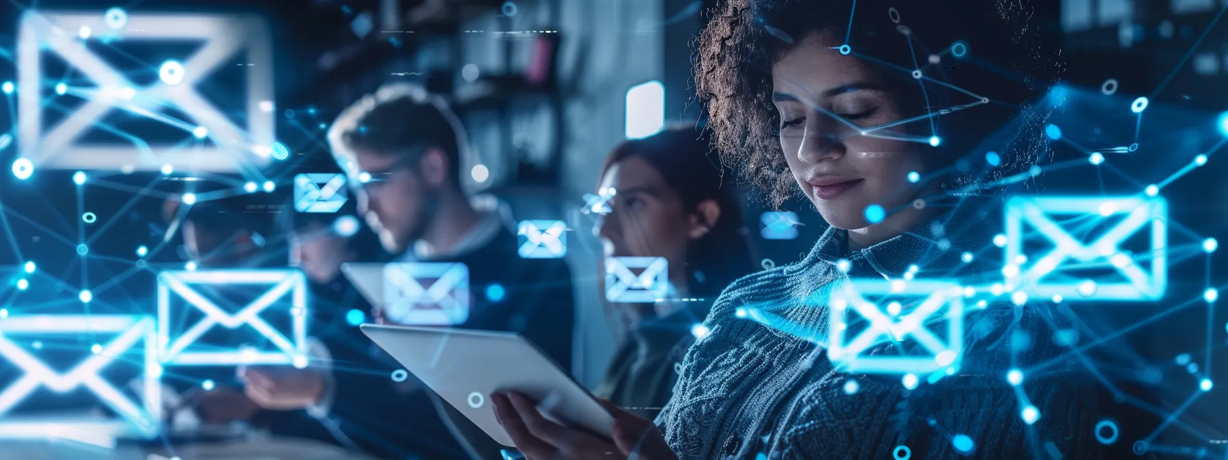 a person surrounded by a team of professional tech experts, each specialized in different email platforms, offering solutions to various email issues with focused determination and expertise.