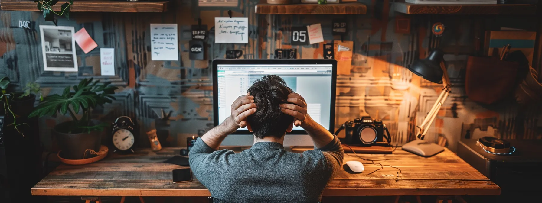 a person sitting at a desk surrounded by multiple devices, frustratedly looking at a computer screen displaying an error message while trying to access their email.