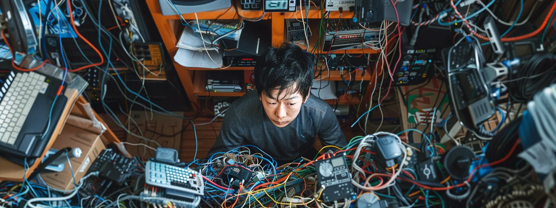 a person sorting through a tangled mess of computer wires and cables, with a look of determination, surrounded by a variety of devices and tools.
