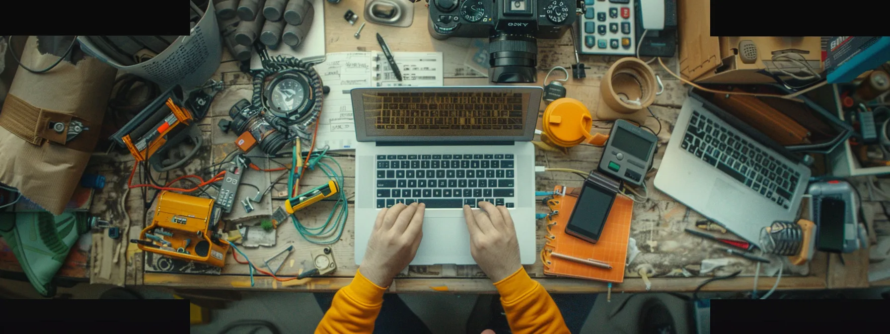 a person carefully configuring yahoo mail settings on a laptop, surrounded by a cluttered desk with various tech gadgets and tools.