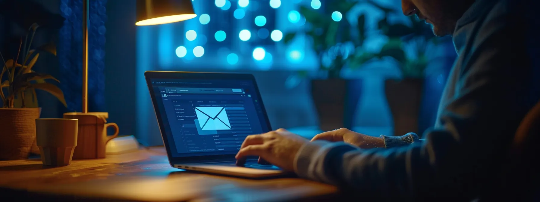 a person updating their email application on a modern laptop, with a strong password displayed on the screen and a secure lock symbol, symbolizing proactivity in preventing email problems.