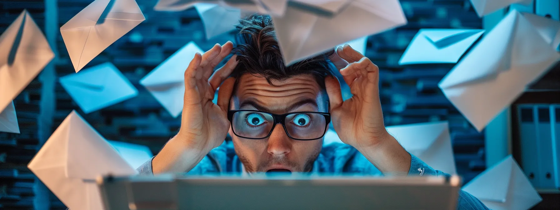 a frustrated professional staring at a malfunctioning computer screen with a congested outbox and disabled add-ins, trying to resolve issues with microsoft outlook emails not sending.