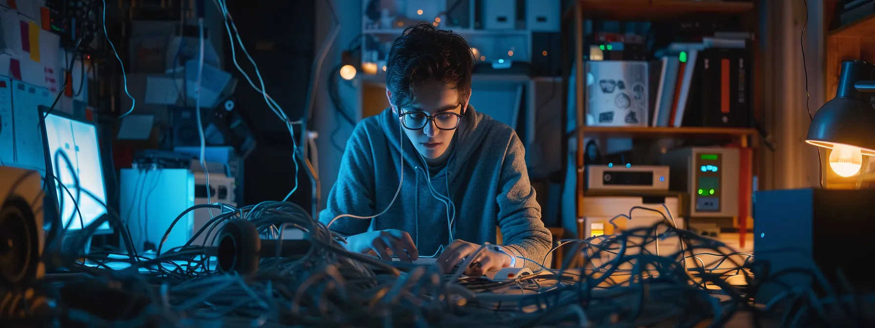 a person resetting a modem and router in a brightly lit home office, surrounded by a tangled mess of cables, with a determined look on their face as they troubleshoot internet connectivity problems.
