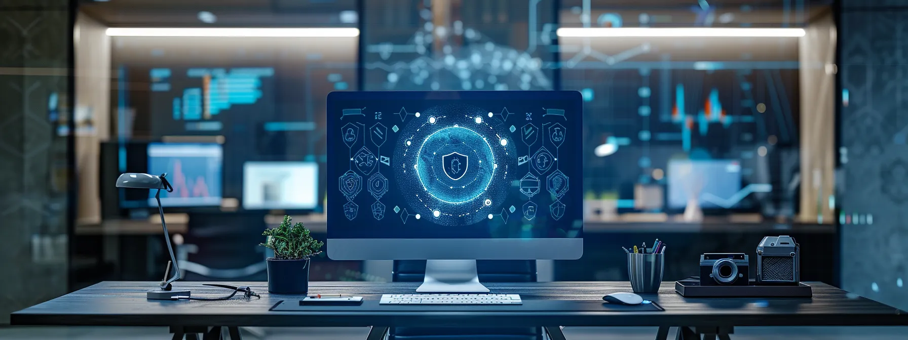 a modern, sleek office desk with a computer surrounded by glowing digital shields, symbolizing advanced cybersecurity protection.