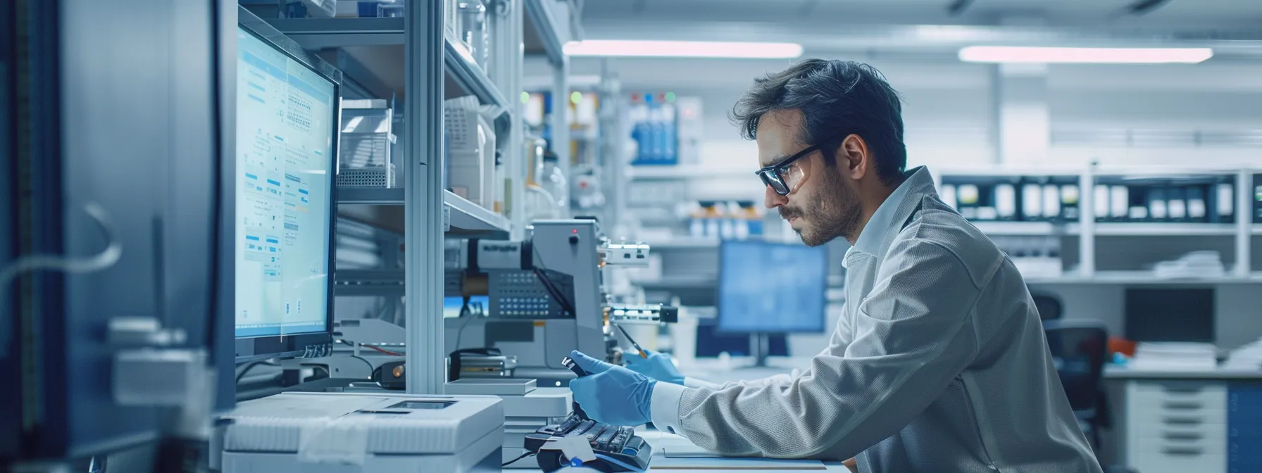 a technician in a bright, modern office, remotely diagnosing and fixing a computer issue with advanced software tools.