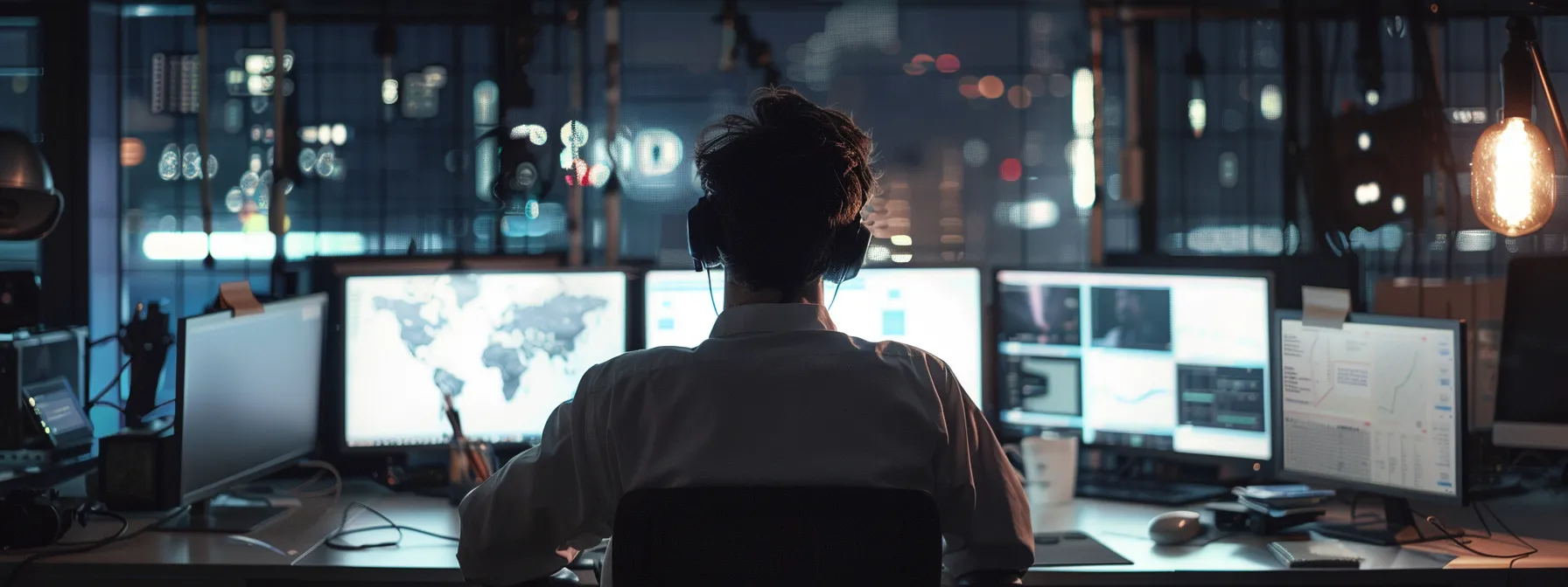 a technician surrounded by computer screens, confidently troubleshooting various technical issues in a modern office setting.
