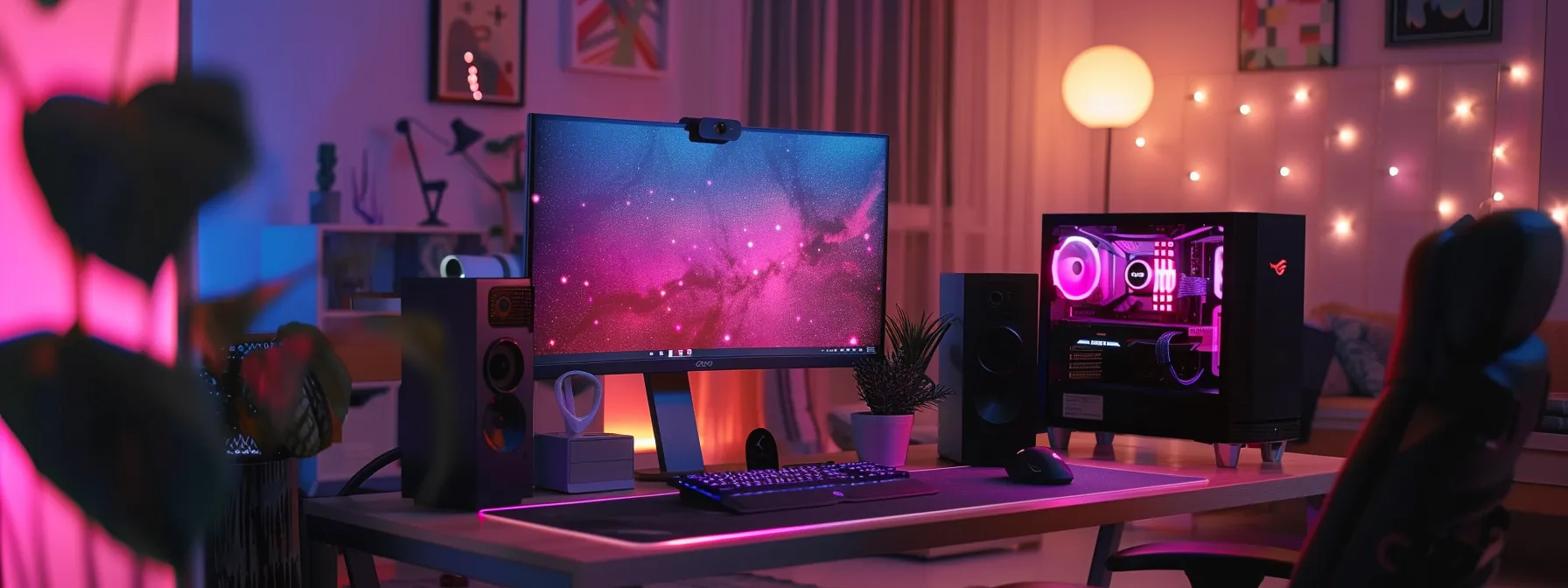 a sleek computer setup with cutting-edge hardware and software upgrades, radiating efficiency and productivity.