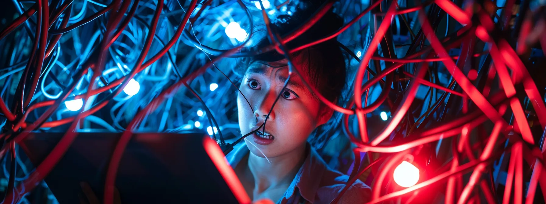 a person holding a laptop with a frustrated expression, surrounded by tangled ethernet cables and a flashing red router light.