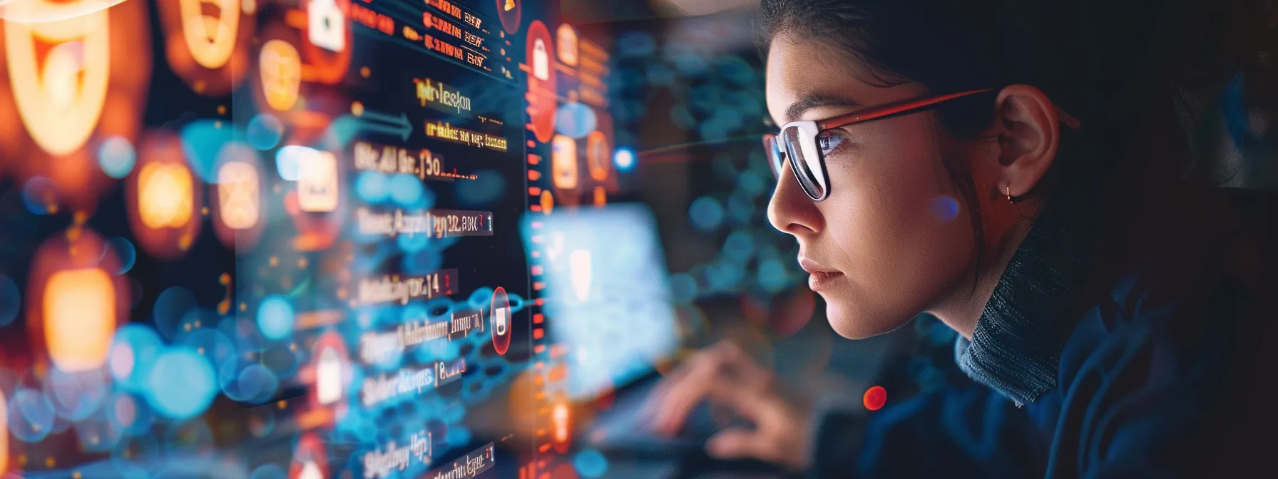 a person overlooking a laptop screen with antivirus settings displayed, surrounded by cybersecurity posters and reminders for safe email habits.