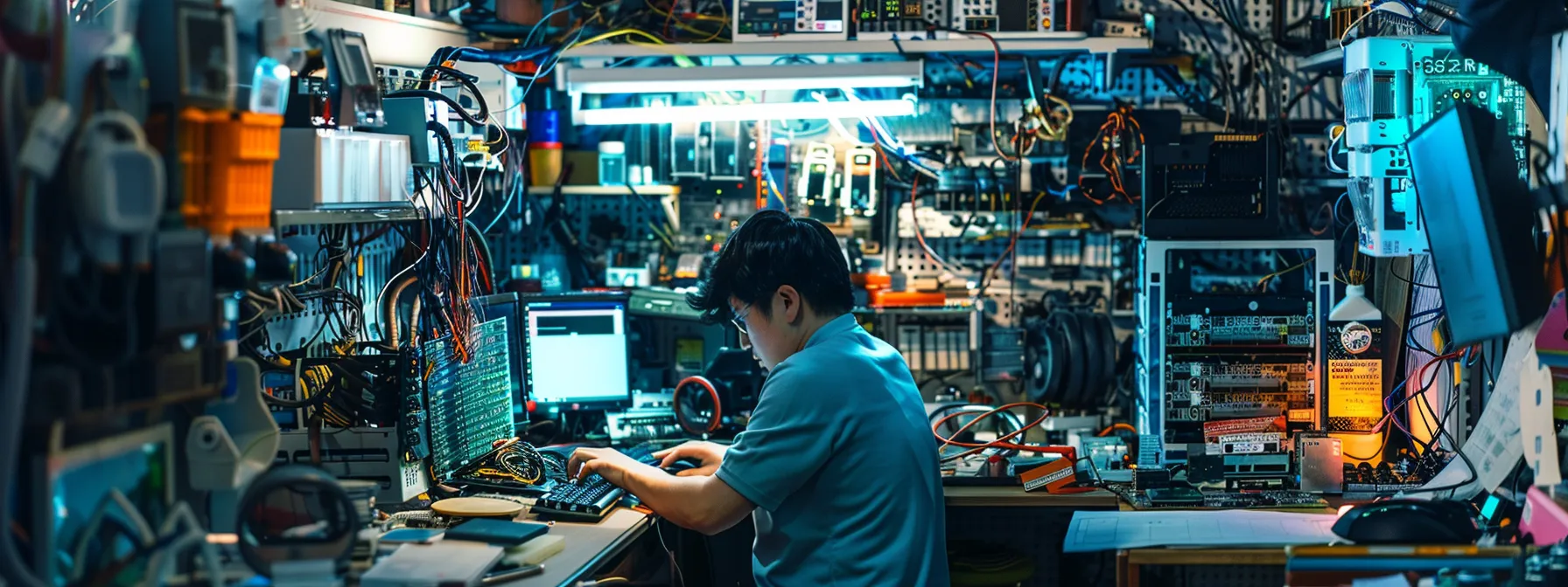 a person installing a new graphics card in a computer tower, surrounded by a bright, cluttered workspace filled with various computer components.