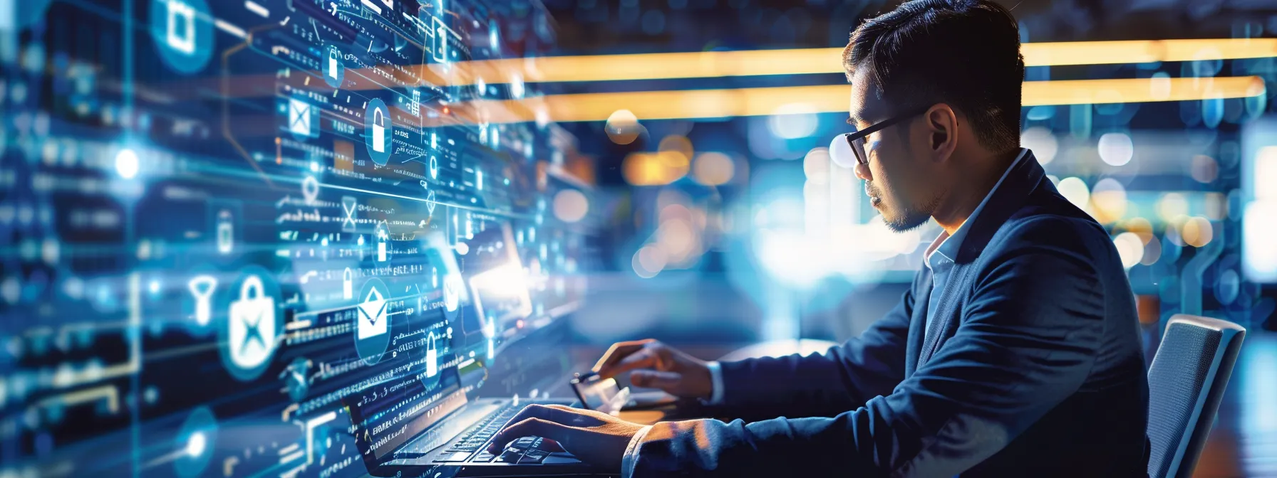 a person setting up two-factor authentication on their computer with a vigilant expression, surrounded by security updates and anti-malware software.