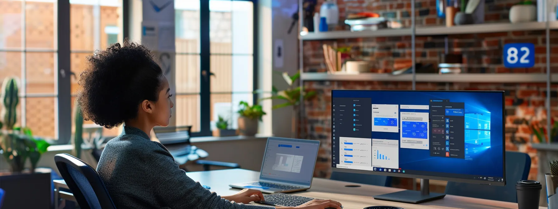 a person sitting at a computer, with a detailed and organized windows defender security center dashboard displayed on the screen.