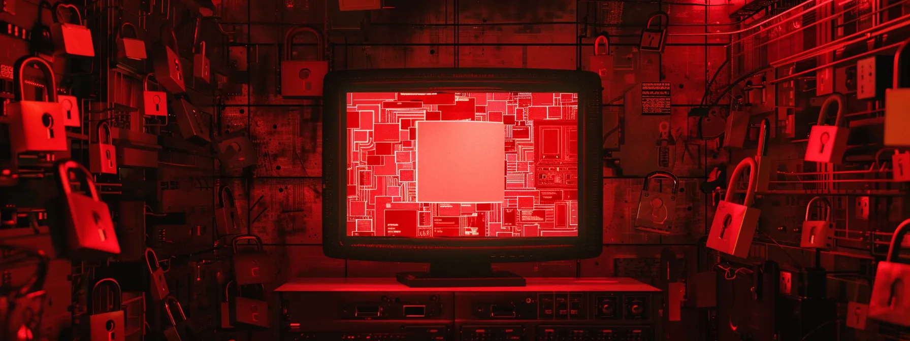 a computer screen displaying a red alert warning of ransomware attack, surrounded by virtual padlocks symbolizing security measures.