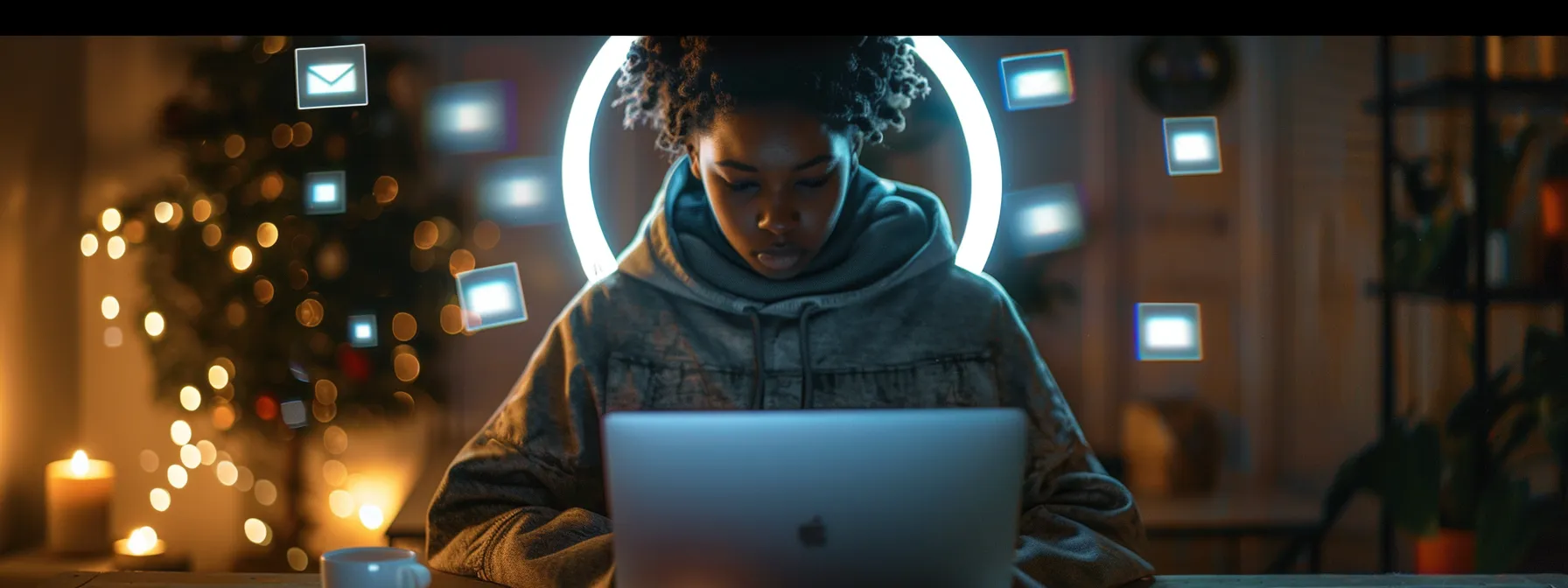 a person confidently identifying a phishing email on their laptop screen, surrounded by a halo of online security icons.