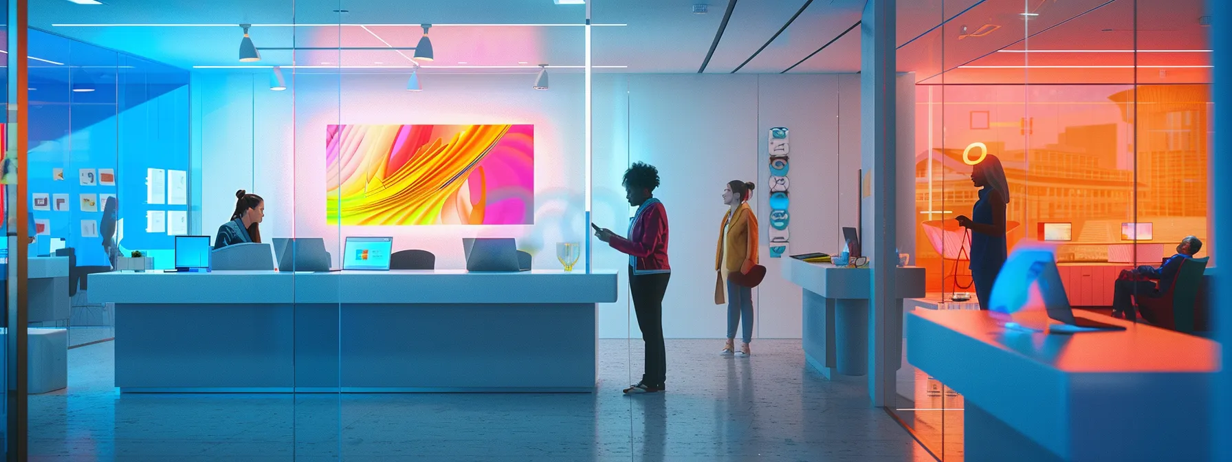 a person receiving expert advice on microsoft support services in a modern, brightly lit tech support center.