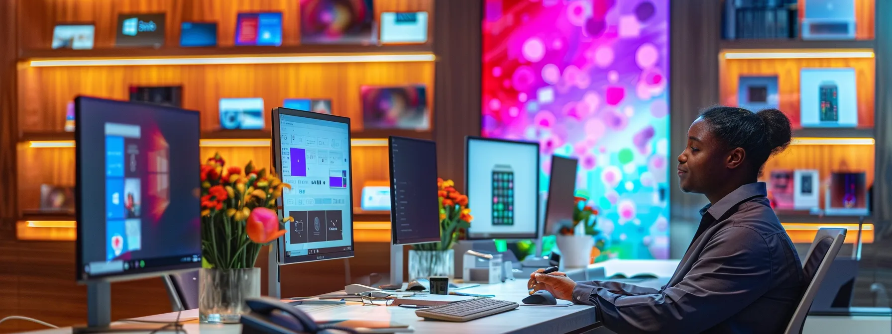 a diverse range of microsoft products displayed on a sleek, modern desk with a customer service representative offering assistance over the phone.