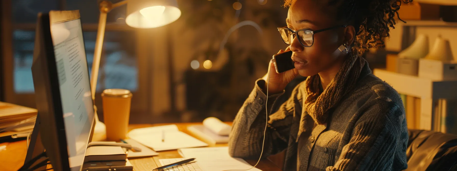 a person sitting at a desk with a computer, notes, and a phone, preparing to call microsoft support for assistance.