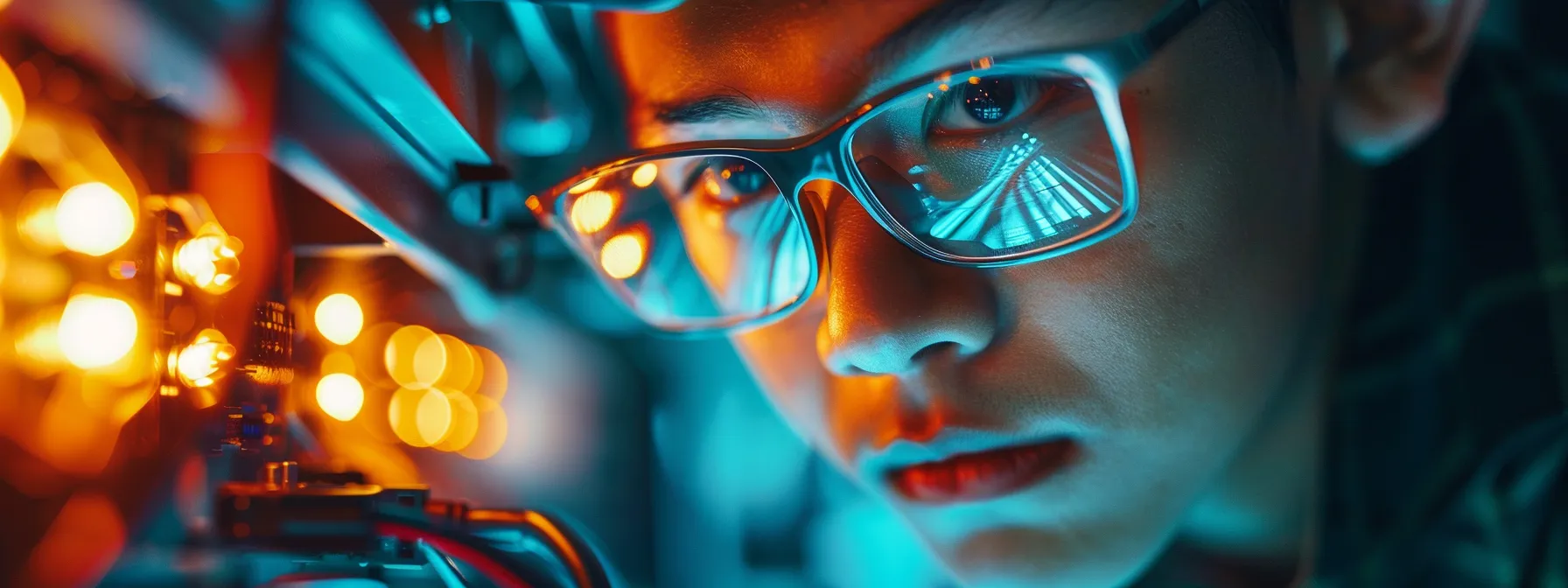 a close-up photo of a person checking the power cable connection of a computer, with a focused and determined expression on their face.