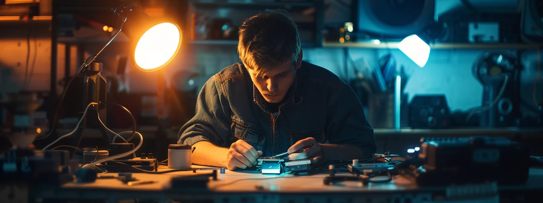 a technician carefully examining a malfunctioning device under a bright overhead light in a professional repair center.