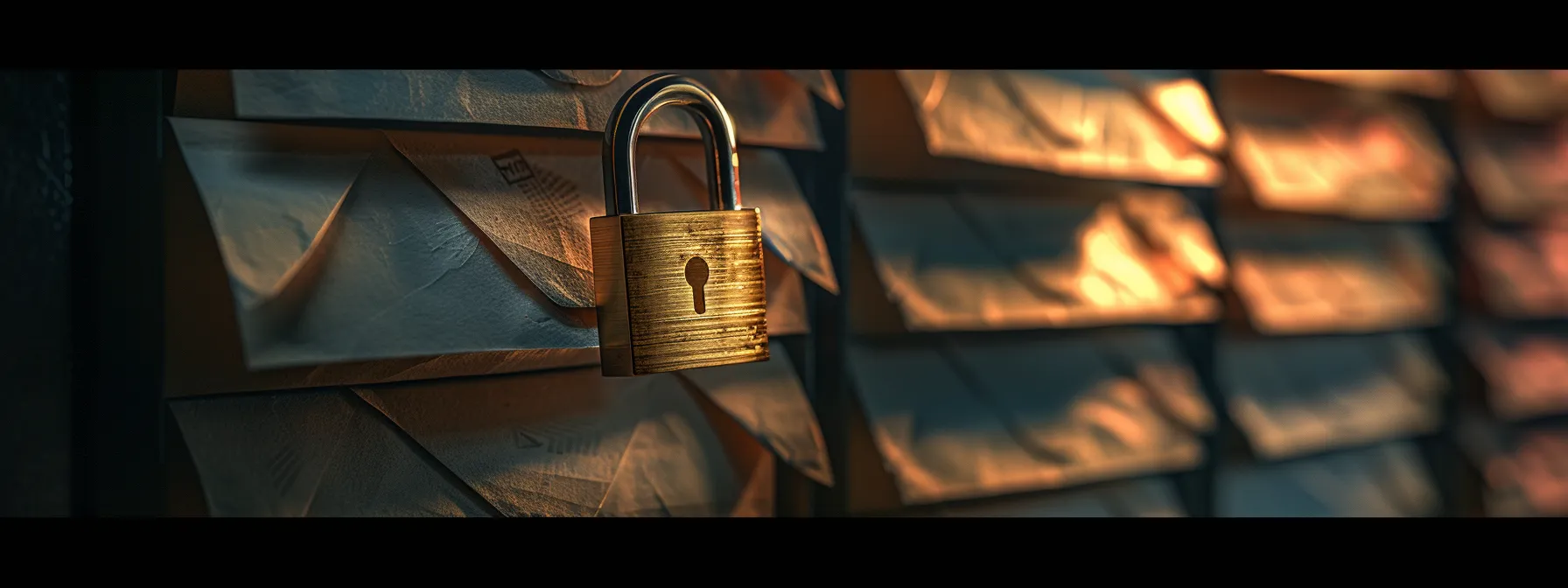 a secure lock protecting a stack of customized mail envelopes, symbolizing the importance of privacy and security in email communications.