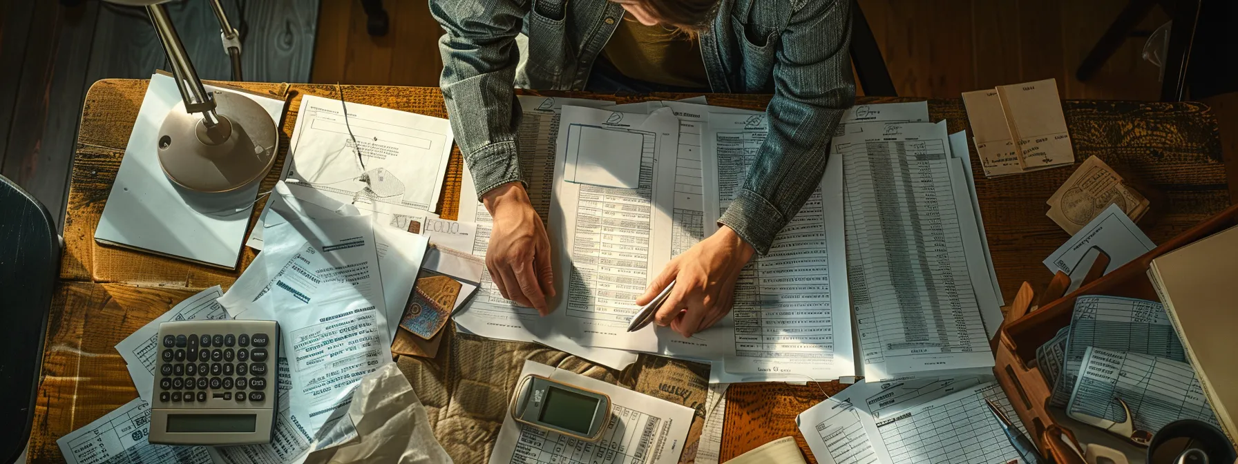 a person carefully examining a detailed pricing chart for personalized mail services, surrounded by papers and calculators, highlighting the complexity of pricing structures and hidden fees.
