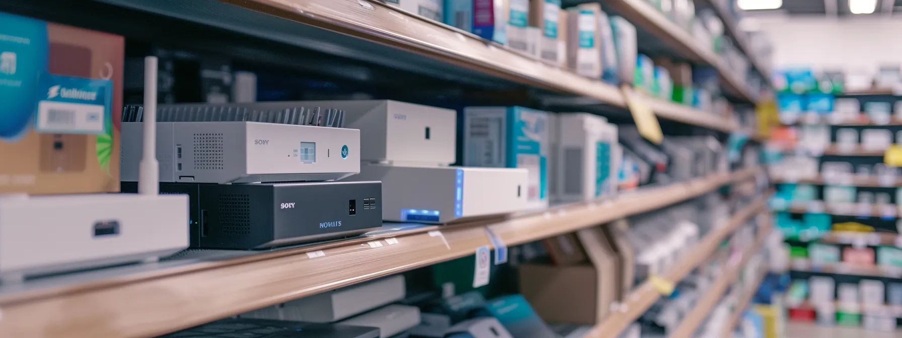 an assortment of budget-friendly modems for xfinity subscribers displayed on a store shelf.