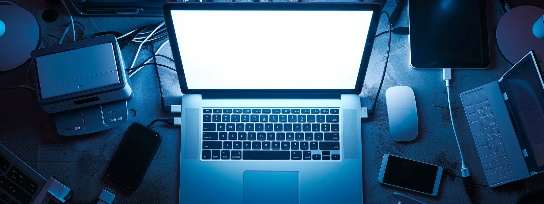 a macbook pro with a blank retina display, surrounded by scattered cables and a printer, symbolizing common startup issues.