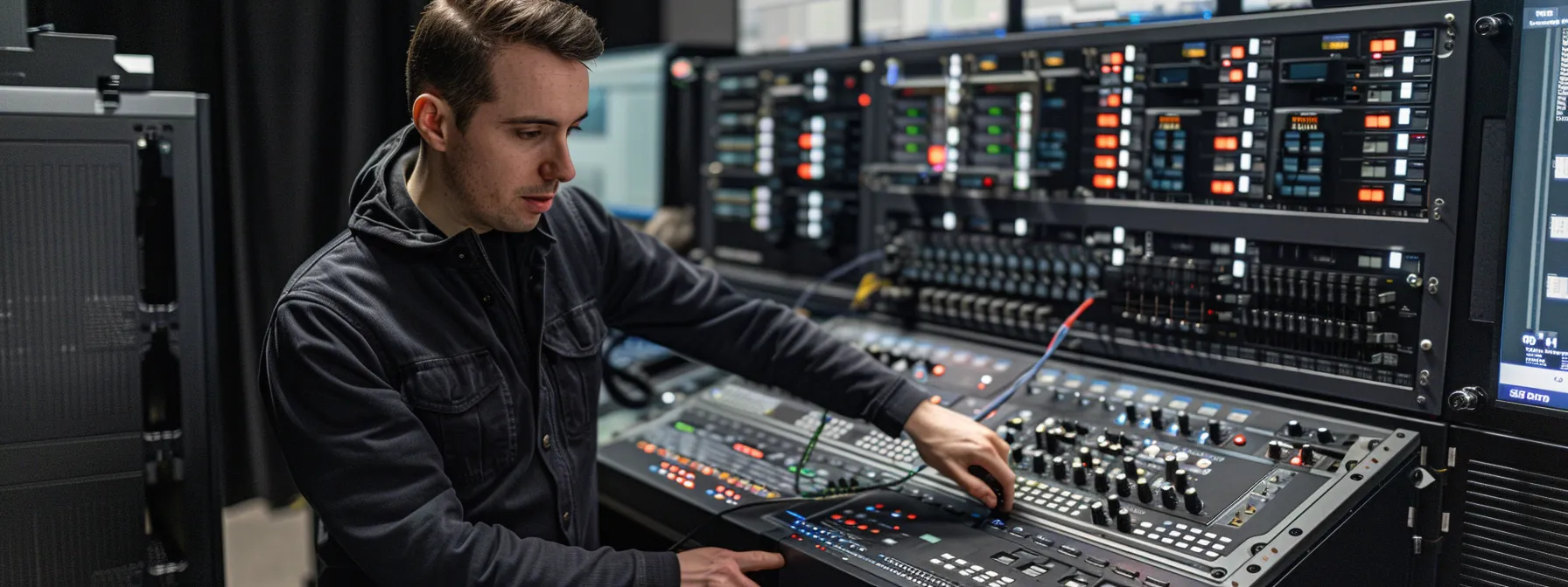 a technician adjusting settings on a sleek, high-tech smtp server console to optimize email delivery.