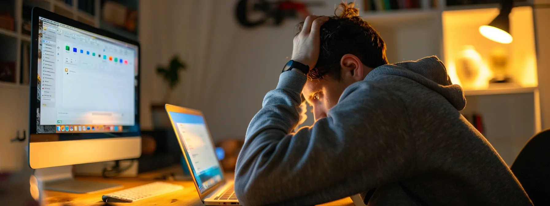 a person using a mac, looking frustrated while staring at a frozen google chrome window with multiple tabs open.