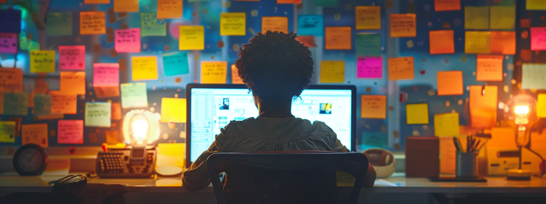 a person sitting at a computer, surrounded by vibrant post-it notes detailing troubleshooting tips, with a bright, updated version of microsoft outlook displayed on the screen.