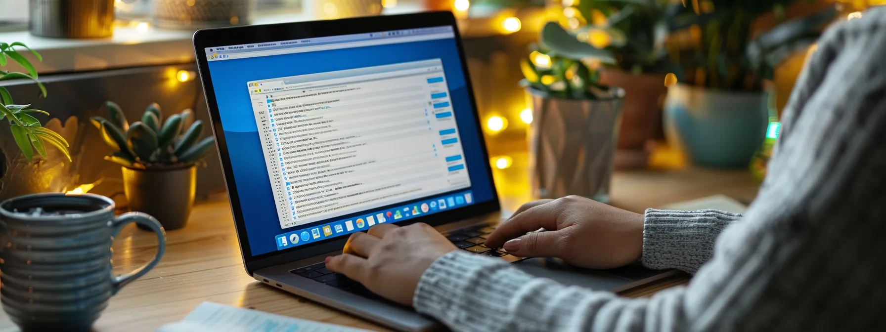 a person using a laptop, downloading microsoft outlook software with a look of determination.