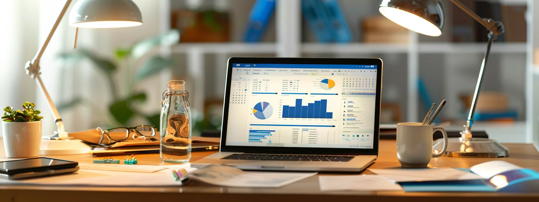 a laptop screen displaying a progress bar as microsoft outlook is being installed, surrounded by a cluttered desk with papers and a coffee mug.