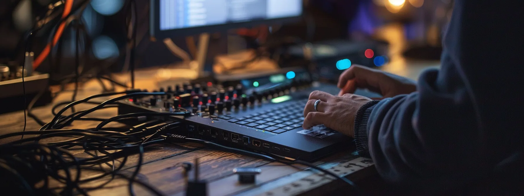 a person adjusting network adapter settings on a laptop with a mac background, surrounded by cables and a stable internet connection.