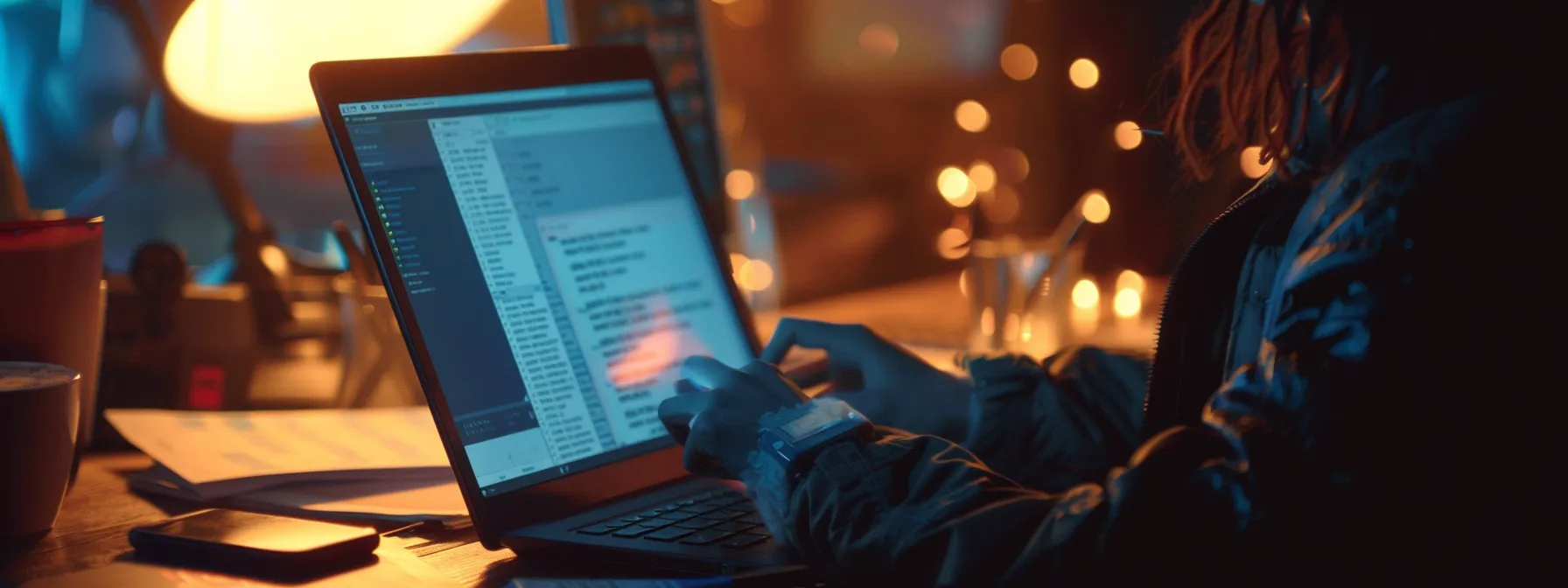a person comparing web browsers on a laptop, with a prominent focus on security features, while surrounded by cybersecurity tools and documents.