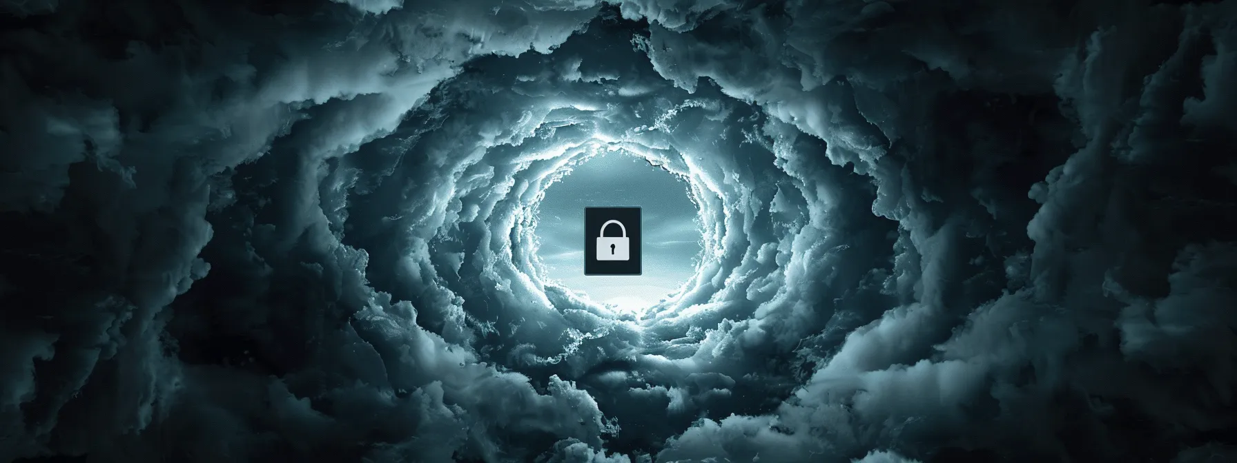 a computer screen showing a browser with a lock icon, surrounded by swirling ominous clouds symbolizing cyber threats in the modern cyber world.