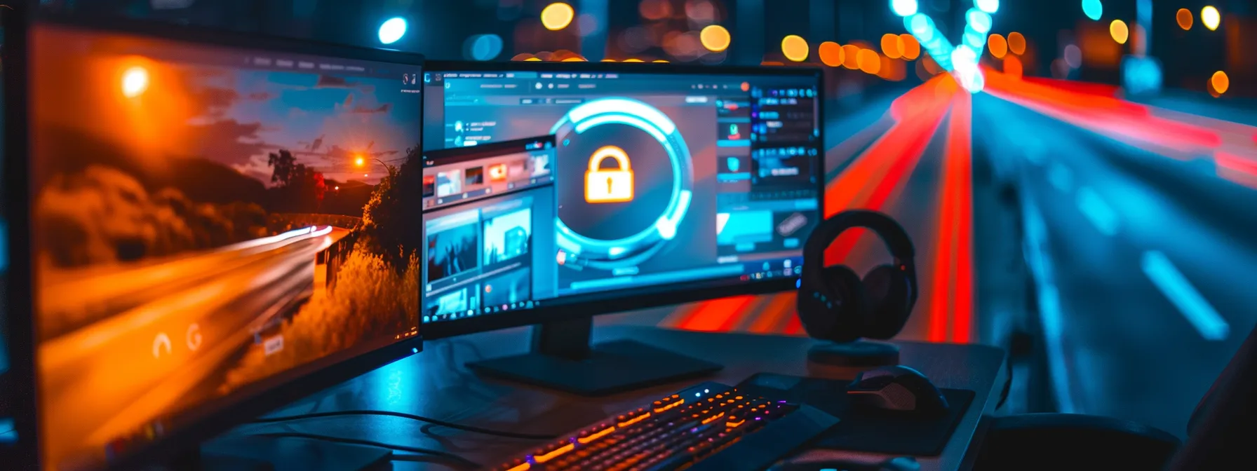 a computer screen split in half, one side showing firefox with a strong lock symbol for privacy, and the other side displaying chrome with a speedometer for performance comparison.