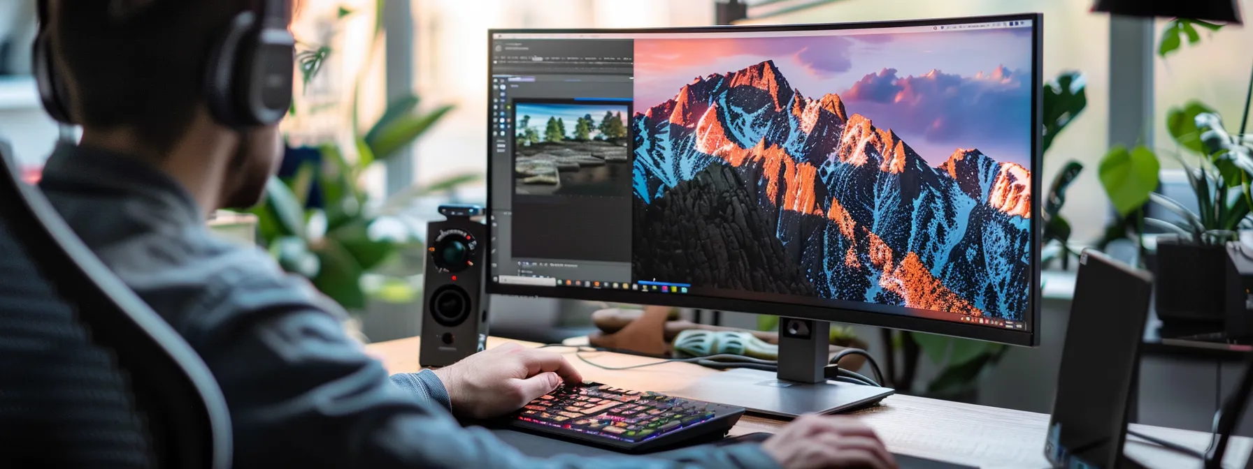 a person sitting at a clutter-free desk, adjusting personalized computer settings on a sleek monitor.