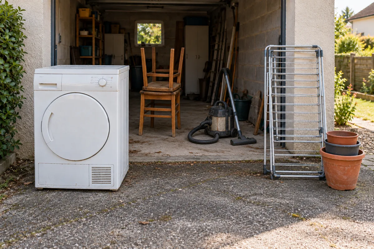 Chaises empilées et objets à débarrasser dans un garage