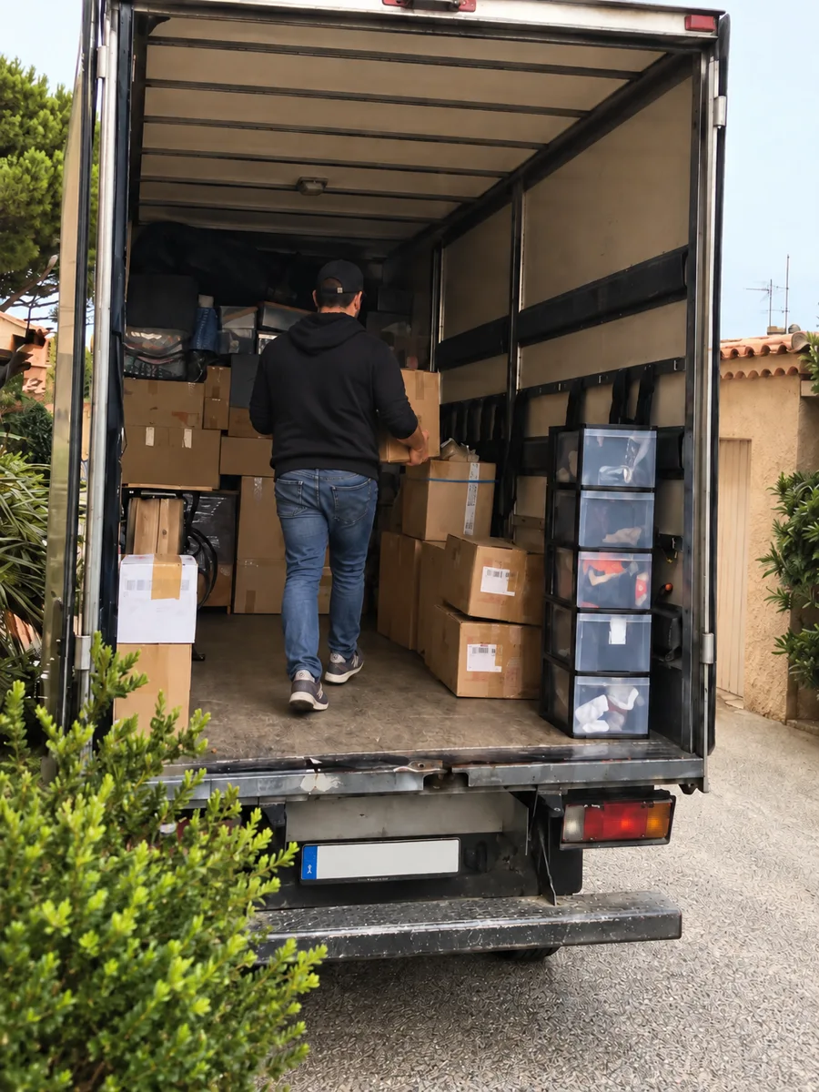 Un homme de dos charge un carton dans un camion de déménagement