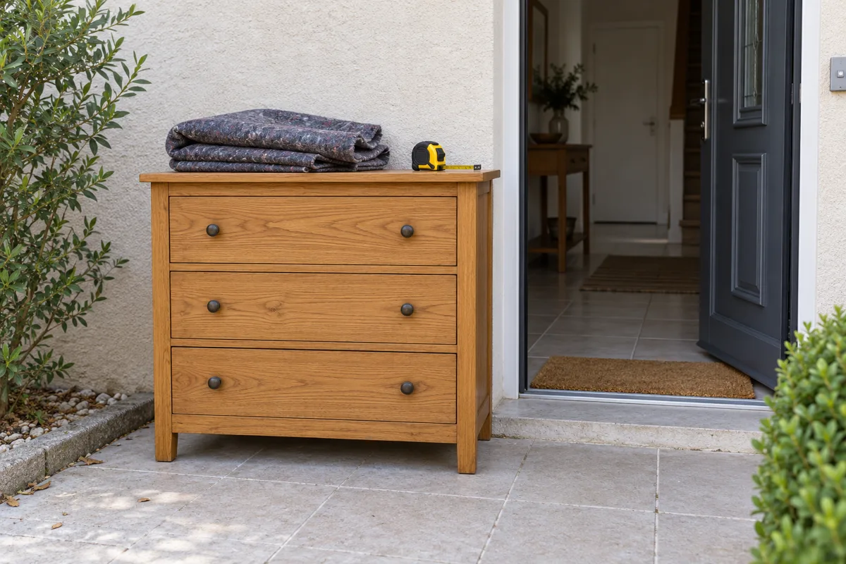 Petite commode et couverture préparées pour un transport