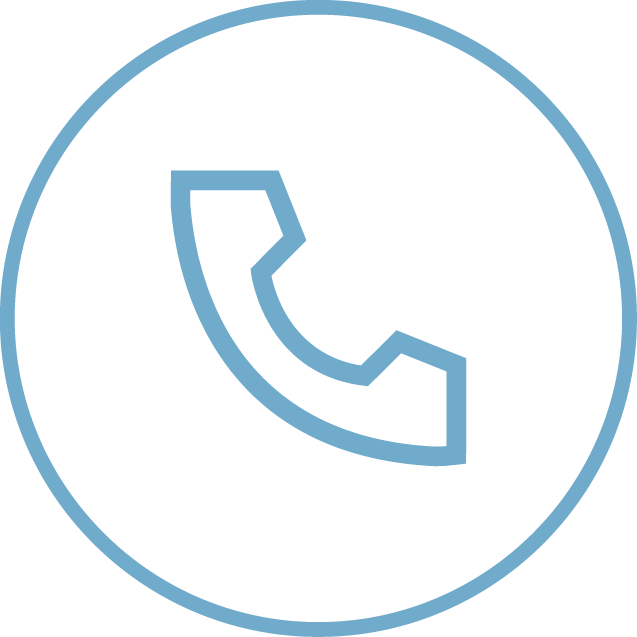 Blue outlined phone handset icon inside a blue circular border on white background.