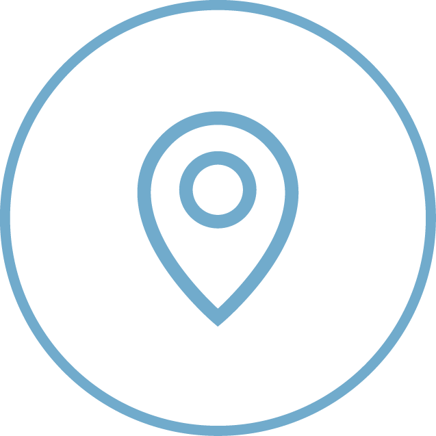 Blue location pin icon inside a blue circle on a white background.