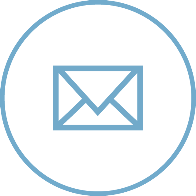 Blue outlined envelope icon inside a blue circular border representing email.