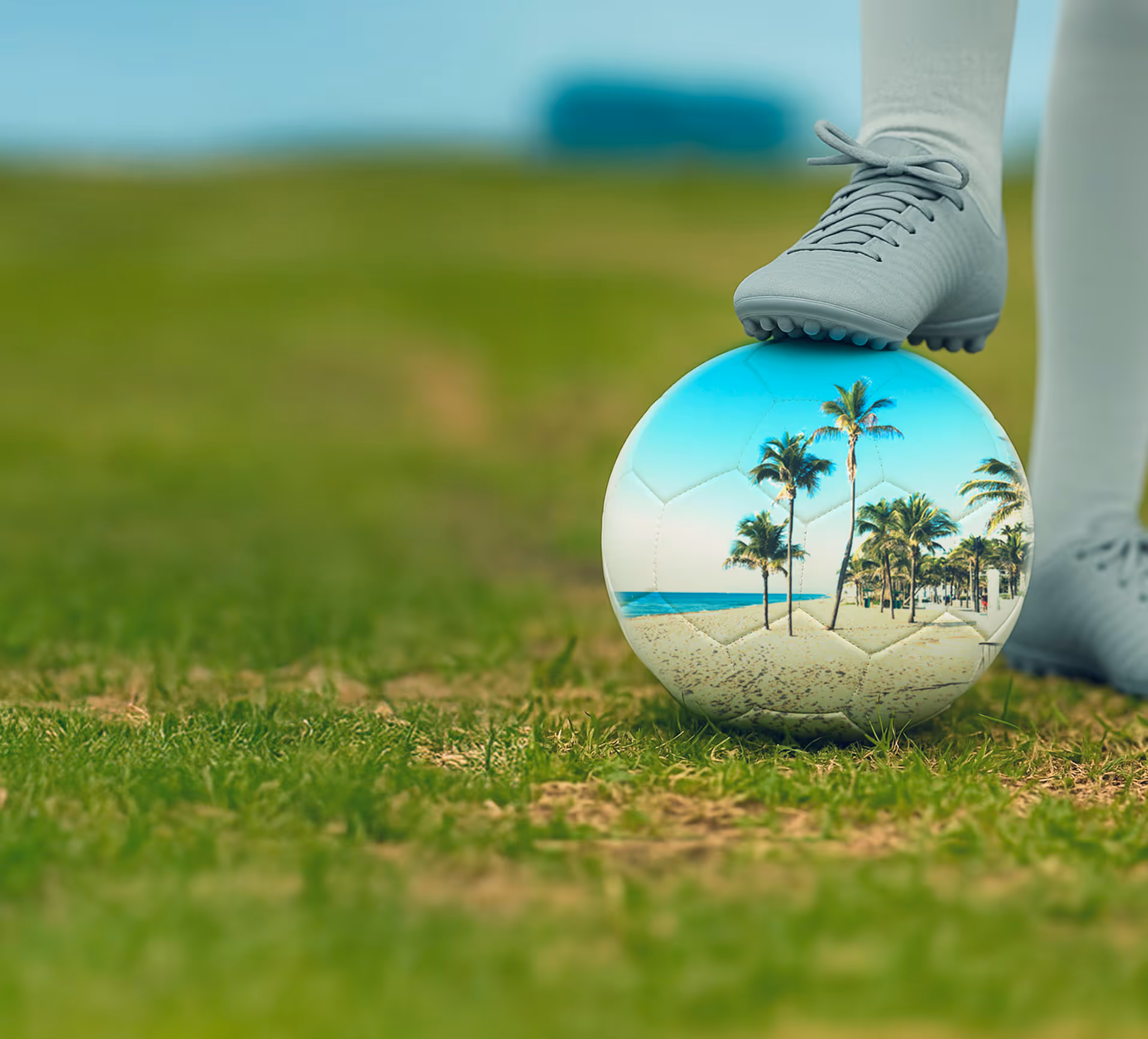 Womens Soccer Player places cleat on top of soccer ball with a palm tree design in Fort Lauderdale Florida