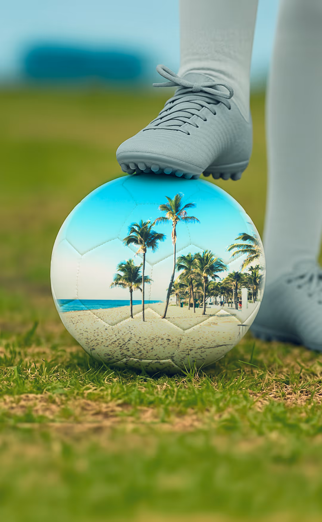 Womens Soccer Player places cleat on top of soccer ball with a palm tree design in Fort Lauderdale Florida