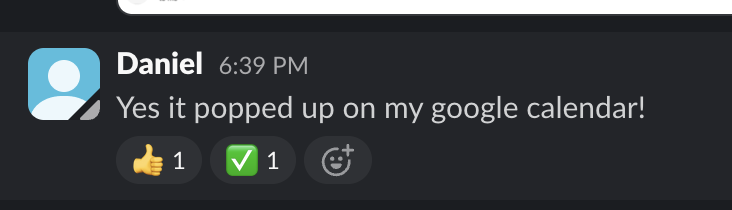 Slack message from Daniel Fritz saying it popped up on his Google Calendar