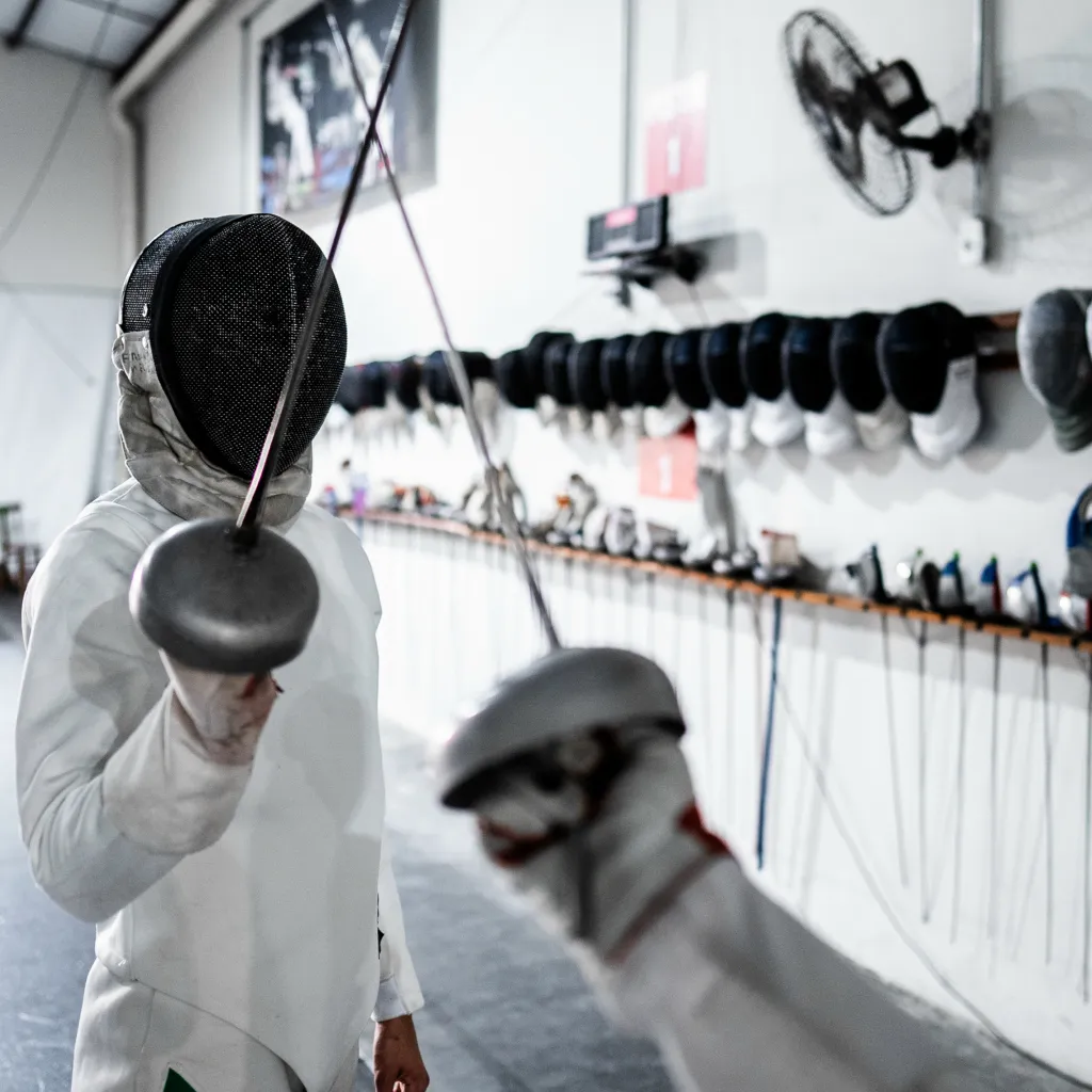 Two épée fencers sparring during class practice at Allez Fencing Club in Watertown, MA, with fencing gear and equipment visible in the background.